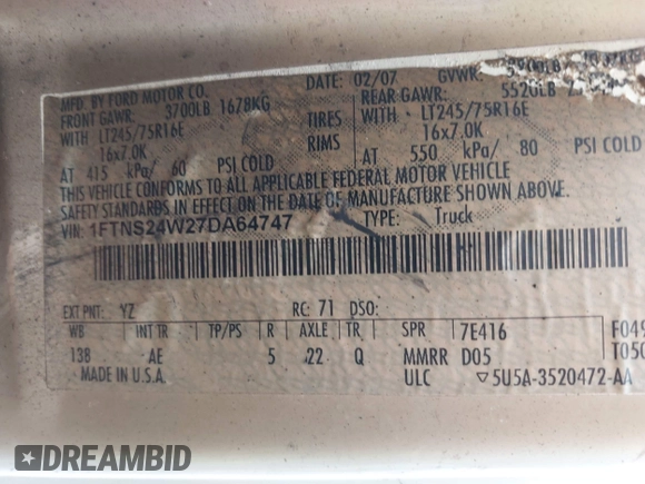 2007 Ford Econoline Cargo Commercial with VIN 1FTNS24W27DA64747, listed as a IAAI auction lot 41915659 with Not Provided miles and . Bid and sale history available at DreamBid. Image 8.