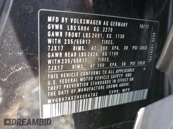 2017 Volkswagen Tiguan S with VIN WVGBV7AX2HK054782, listed as a Copart auction lot 54234175 with 67,044 mi miles and Salvage Title. Bid and sale history available at DreamBid. Image 13.