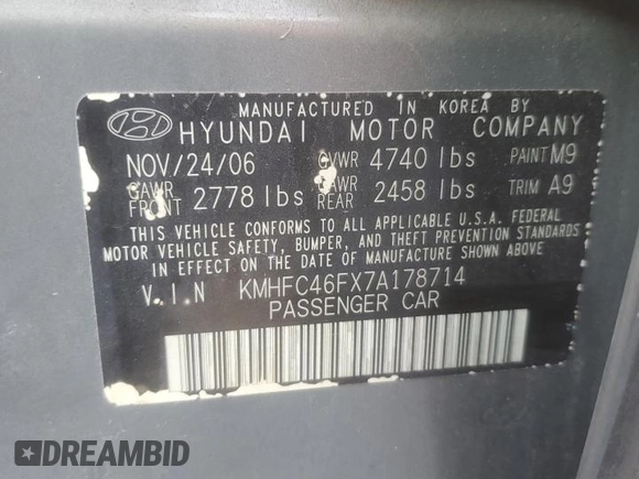 2007 Hyundai Azera SE z VIN KMHFC46FX7A178714, wystawiony jako Copart lot #49264985 z przebiegiem 89 266 mil mil oraz Szkody całkowita. Historia ofert i sprzedaży dostępna na DreamBid. Obrazek 12.