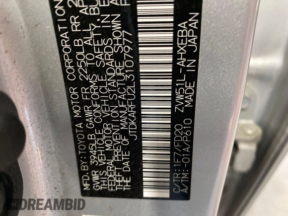 2020 Toyota Prius L Eco z VIN JTDKARFU2L3107977, wystawiony jako IAAI lot #42571708 z przebiegiem 204 781 mil mil oraz . Historia ofert i sprzedaży dostępna na DreamBid. Obrazek 5.