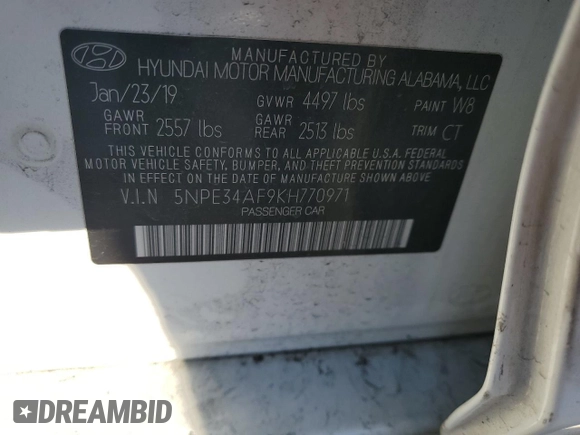 2019 Hyundai Sonata SEL with VIN 5NPE34AF9KH770971, listed as a Copart auction lot 42412585 with Not Provided miles and Clean Title. Bid and sale history available at DreamBid. Image 12.