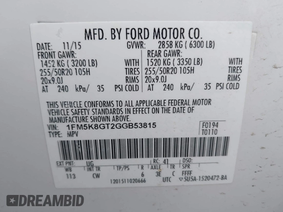 2016 Ford Explorer Sport with VIN 1FM5K8GT2GGB53815, listed as a IAAI auction lot 42172907 with 123,853 mi miles and . Bid and sale history available at carsss.com. Image 9.