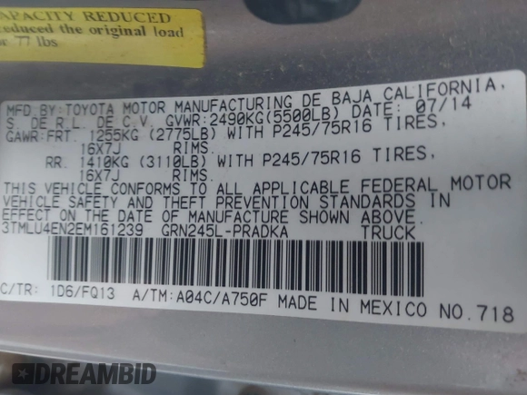2014 Toyota Tacoma with VIN 3TMLU4EN2EM161239, listed as a IAAI auction lot 41536944 with 136,299 mi miles. Bid and sale history available at carsss.com. Image 9.