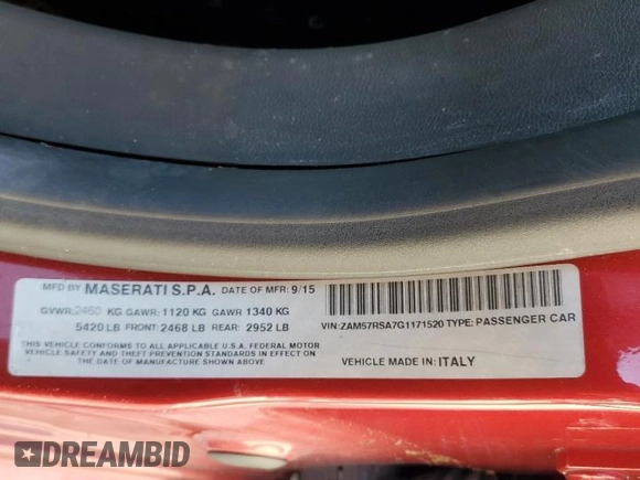 2016 Maserati Ghibli S с VIN ZAM57RSA7G1171520, выставлен на аукционе Copart как лот 85393004 с пробегом Не указан миль и Списание • Salvage title. История ставок и продаж доступна на DreamBid. Изображение 13.