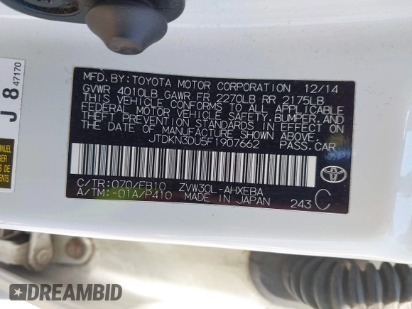 2015 Toyota Prius Four with VIN JTDKN3DU5F1907662, listed as a IAAI auction lot 42048565 with 84,458 mi miles. Bid and sale history available at carsss.com. Image 9.