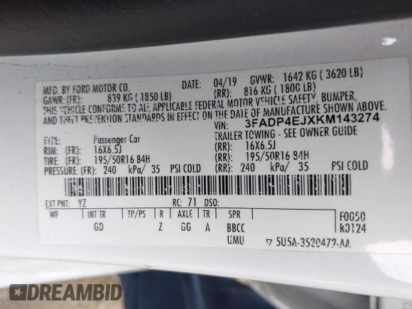 2019 Ford Fiesta SE with VIN 3FADP4EJXKM143274, listed as a IAAI auction lot 42124127 with 85,525 mi miles. Bid and sale history available at carsss.com. Image 9.