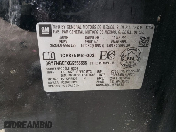 2016 Cadillac SRX Premium Collection with VIN 3GYFNGE3XGS555655, listed as a Copart auction lot 47911355 with 154,768 mi miles and Salvage title. Bid and sale history available at DreamBid. Image 13.