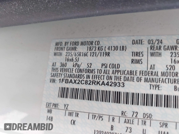 2024 Ford Transit Passenger XL с VIN 1FBAX2C82RKA42933, выставлен на аукционе IAAI как лот 42448876 с пробегом Не указан миль и . История ставок и продаж доступна на DreamBid. Изображение 9.