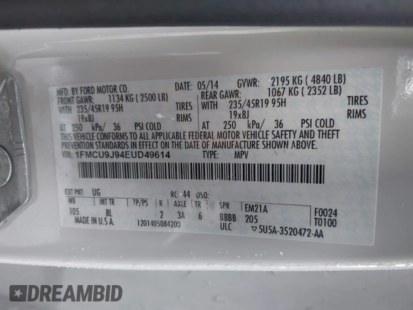 2014 Ford Escape Titanium with VIN 1FMCU9J94EUD49614, listed as a IAAI auction lot 42005864 with 87,779 mi miles. Bid and sale history available at carsss.com. Image 9.