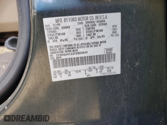 2000 Ford Excursion XLT с VIN 1FMNU41S3YEB85849, выставлен на аукционе Copart как лот 50221845 с пробегом 196 484 миль миль и На запчасти • Non repairable. История ставок и продаж доступна на DreamBid. Изображение 13.