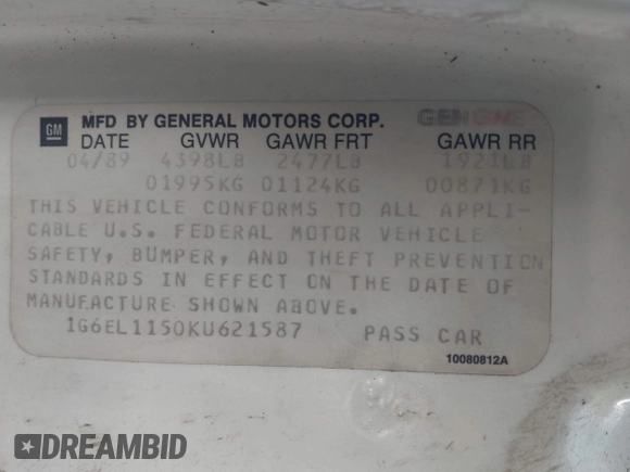 1989 Cadillac Eldorado with VIN 1G6EL1150KU621587, listed as a IAAI auction lot 42103841 with 129,711 mi miles and . Bid and sale history available at DreamBid. Image 9.