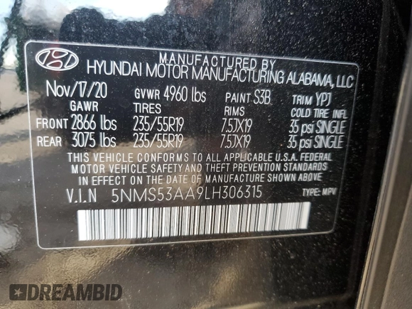 2020 Hyundai Santa Fe Limited with VIN 5NMS53AA9LH306315, listed as a Copart auction lot 71438612 with 6,024 mi miles. Bid and sale history available at carsss.com. Image 14.