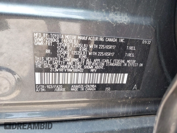 2022 Toyota RAV4 XLE with VIN 2T3W1RFV1NW188402, listed as a IAAI auction lot 42487520 with 75,900 mi miles and . Bid and sale history available at DreamBid. Image 9.