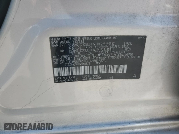 2012 Toyota RAV4 with VIN 2T3ZF4DV6CW148673, listed as a Copart auction lot 53507385 with 144,670 mi miles and Salvage Title. Bid and sale history available at carsss.com. Image 12.
