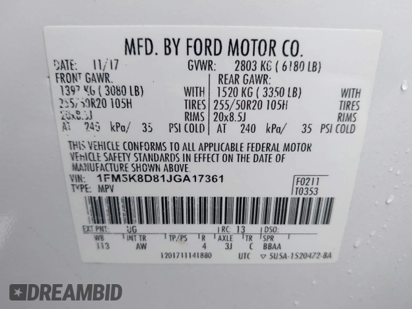 2018 Ford Explorer XLT with VIN 1FM5K8D81JGA17361, listed as a IAAI auction lot 41845265 with 105,891 mi miles and . Bid and sale history available at carsss.com. Image 9.