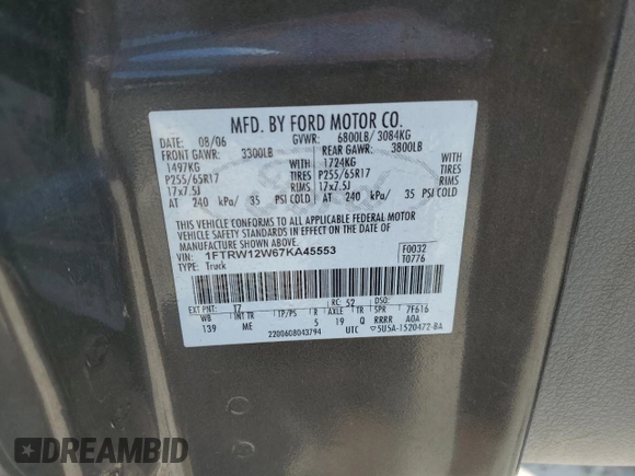 2007 Ford F-150 XLT with VIN 1FTRW12W67KA45553, listed as a Copart auction lot 63635795 with 271,062 mi miles and Salvage title. Bid and sale history available at DreamBid. Image 12.