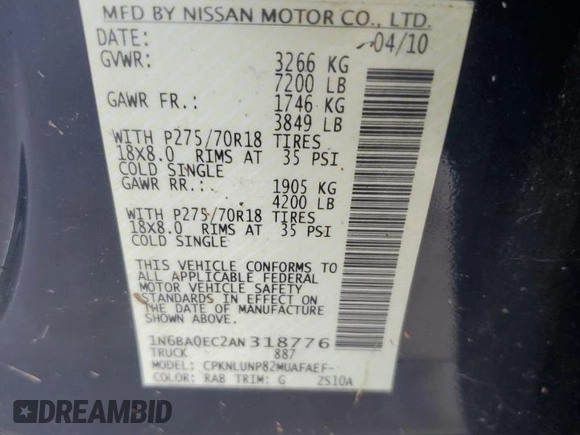 2010 Nissan Titan LE with VIN 1N6BA0EC2AN318776, listed as a Copart auction lot 46702485 with 111,149 mi miles and Salvage Title. Bid and sale history available at carsss.com. Image 12.
