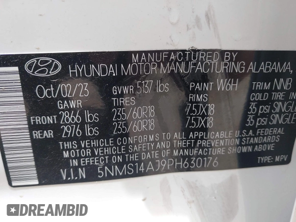 2023 Hyundai Santa Fe SE with VIN 5NMS14AJ9PH630176, listed as a IAAI auction lot 42202536 with 26,624 mi miles and . Bid and sale history available at DreamBid. Image 9.