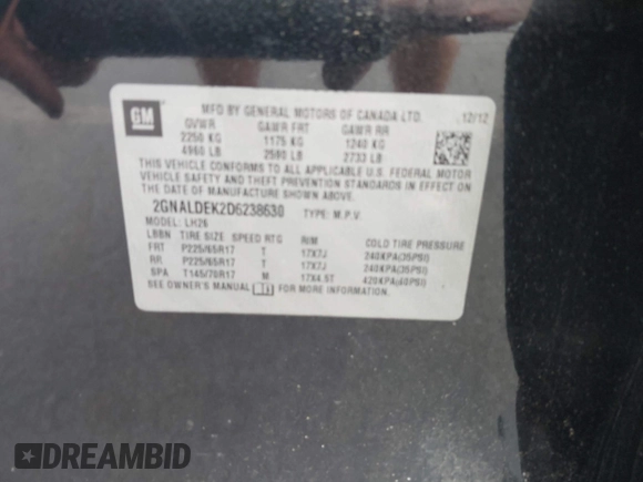 2013 Chevrolet Equinox LT with VIN 2GNALDEK2D6238630, listed as a IAAI auction lot 42218773 with 163,387 mi miles and . Bid and sale history available at DreamBid. Image 9.