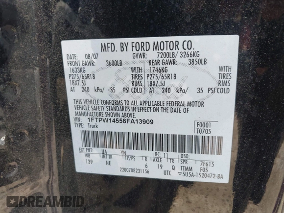 2008 Ford F-150 XLT with VIN 1FTPW14558FA13909, listed as a IAAI auction lot 42147526 with 127,052 mi miles and . Bid and sale history available at DreamBid. Image 9.