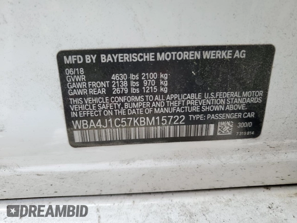 2021 BMW 4 Series 430i with VIN WBA4J1C57KBM15722, listed as a Copart auction lot 52690175 with 55,704 mi miles and Salvage Title. Bid and sale history available at DreamBid. Image 13.