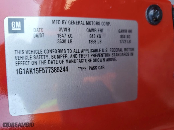 2007 Chevrolet Cobalt LS with VIN 1G1AK15F577385244, listed as a Copart auction lot 48541435 with 202,327 mi miles and Salvage Title. Bid and sale history available at carsss.com. Image 12.