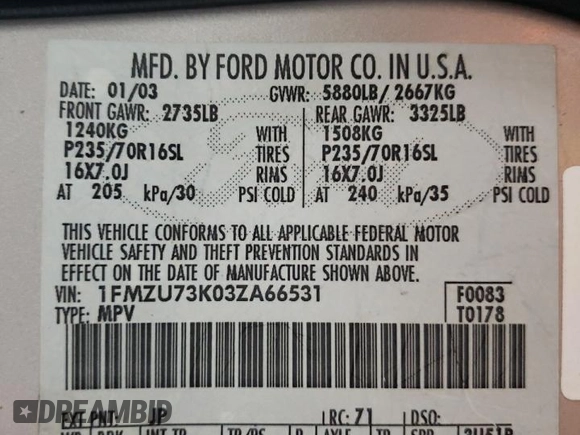 2003 Ford Explorer XLT z VIN 1FMZU73K03ZA66531, wystawiony jako Copart lot #61085955 z przebiegiem 225 514 mil mil oraz Szkoda całkowita • Salvage title. Historia ofert i sprzedaży dostępna na DreamBid. Obrazek 13.