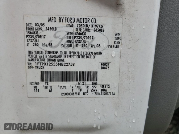 2005 Ford F-150 XLT with VIN 1FTPX12555NB22758, listed as a Copart auction lot 57228785 with 171,230 mi miles and Salvage title. Bid and sale history available at DreamBid. Image 12.
