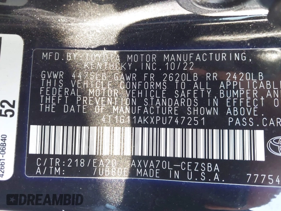 2023 Toyota Camry SE z VIN 4T1G11AKXPU747251, wystawiony jako IAAI lot #42388819 z przebiegiem 39 542 mil mil oraz . Historia ofert i sprzedaży dostępna na DreamBid. Obrazek 9.