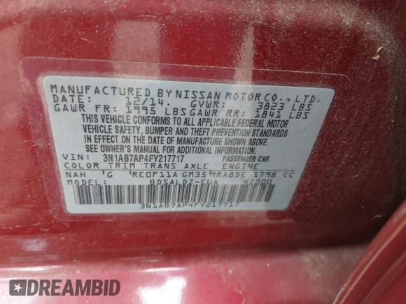 2015 Nissan Sentra SV with VIN 3N1AB7AP4FY217717, listed as a IAAI auction lot 42233221 with 174,320 mi miles and . Bid and sale history available at DreamBid. Image 9.