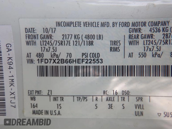 2017 Ford F-250 XL with VIN 1FD7X2B66HEF22553, listed as a IAAI auction lot 42631360 with 190,930 mi miles and . Bid and sale history available at DreamBid. Image 14.