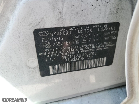 2017 Hyundai Sonata Plug-In Hybrid with VIN KMHE14L23HA059911, listed as a Copart auction lot 58750314 with 0 mi miles and Salvage Title. Bid and sale history available at carsss.com. Image 12.