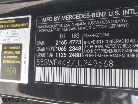 2018 Mercedes-Benz C-Class C 300 with VIN 55SWF4KB7JU249668, listed as a IAAI auction lot 41397270 with 201,391 mi miles. Bid and sale history available at carsss.com. Image 9.