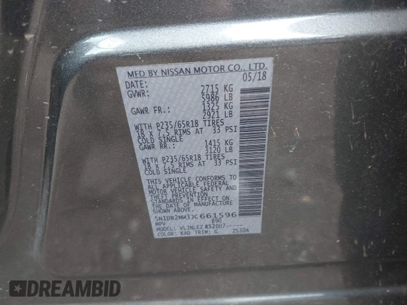 2018 Nissan Pathfinder S z VIN 5N1DR2MM3JC661596, wystawiony jako IAAI lot #41829093 z przebiegiem 115 446 mil mil oraz . Historia ofert i sprzedaży dostępna na DreamBid. Obrazek 9.