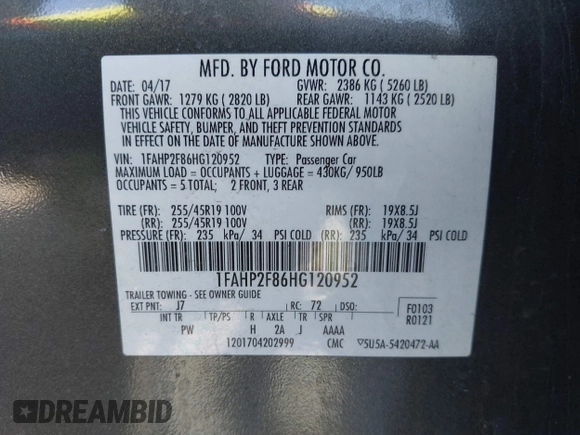 2017 Ford Taurus Limited with VIN 1FAHP2F86HG120952, listed as a IAAI auction lot 42030229 with 70,508 mi miles and . Bid and sale history available at DreamBid. Image 9.