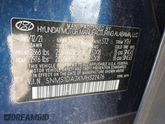 2021 Hyundai Santa Fe SE with VIN 5NMS1DAJXMH322476, listed as a IAAI auction lot 41370006 with 68,802 mi miles. Bid and sale history available at carsss.com. Image 9.