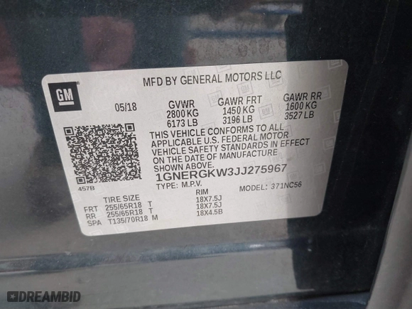 2018 Chevrolet Traverse LT Cloth with VIN 1GNERGKW3JJ275967, listed as a IAAI auction lot 41307855 with 136,207 mi miles. Bid and sale history available at carsss.com. Image 9.