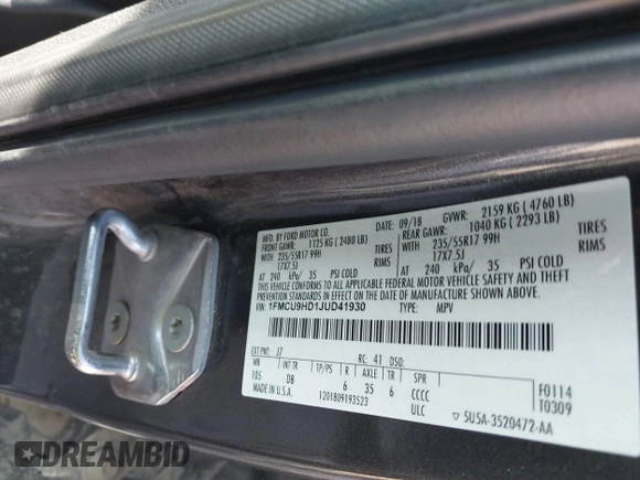2018 Ford Escape SEL with VIN 1FMCU9HD1JUD41930, listed as a IAAI auction lot 41699203 with 114,581 mi miles. Bid and sale history available at carsss.com. Image 9.