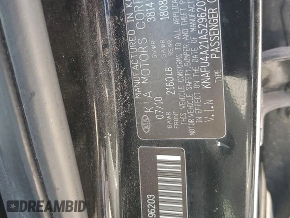 2010 Kia Forte EX z VIN KNAFU4A21A5296203, wystawiony jako Copart lot #57254345 z przebiegiem Nie podano mil oraz Tytuł czysty. Historia ofert i sprzedaży dostępna na DreamBid. Obrazek 12.