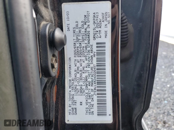 2004 Toyota 4Runner SR5 with VIN JTEBU14R240026497, listed as a Copart auction lot 50223715 with 295,736 mi miles and Salvage title. Bid and sale history available at DreamBid. Image 15.