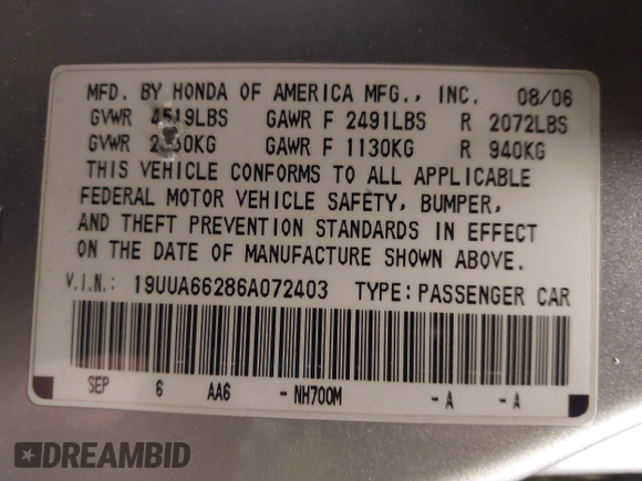 2006 Acura TL with VIN 19UUA66286A072403, listed as a IAAI auction lot 41409405 with 150,263 mi miles. Bid and sale history available at carsss.com. Image 9.
