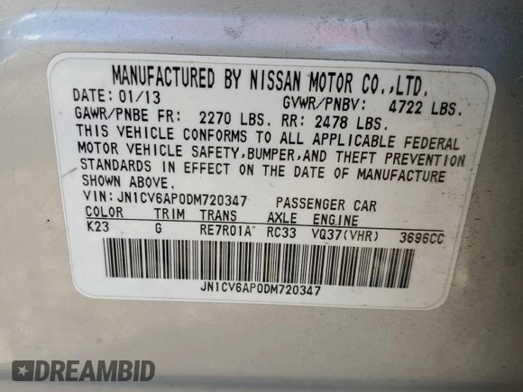 2013 Infiniti G37 Journey with VIN JN1CV6AP0DM720347, listed as a Copart auction lot 54224335 with Not provided miles and Salvage title. Bid and sale history available at DreamBid. Image 12.