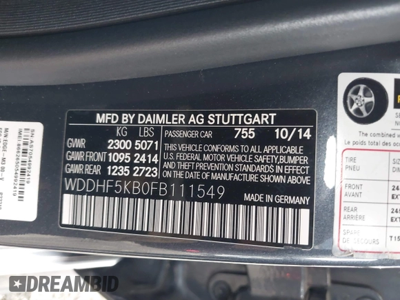 2015 Mercedes-Benz E 350 Sport with VIN WDDHF5KB0FB111549, listed as a IAAI auction lot 38721834 with 138,886 mi miles and . Bid and sale history available at DreamBid. Image 9.