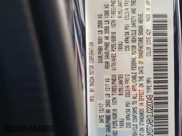 2018 Mazda CX-9 Sport with VIN JM3TCABY2J0220049, listed as a Copart auction lot 60175175 with 56,140 mi miles and Salvage title. Bid and sale history available at DreamBid. Image 13.