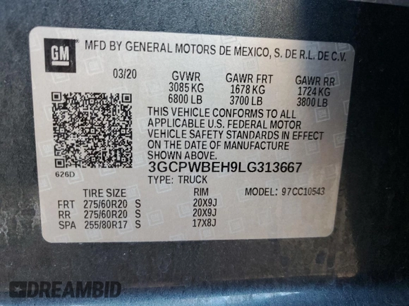 2020 Chevrolet Silverado 1500 Custom with VIN 3GCPWBEH9LG313667, listed as a Copart auction lot 82297064 with 19,158 mi miles and Salvage Title. Bid and sale history available at carsss.com. Image 12.