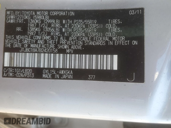 2011 Lexus RX 450h with VIN JTJBC1BA7B2420158, listed as a Copart auction lot 59181095 with 262,782 mi miles and Salvage title. Bid and sale history available at DreamBid. Image 13.