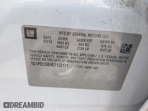 2014 Chevrolet Cruze 1LT with VIN 1G1PC5SB4E7132171, listed as a IAAI auction lot 42532531 with 132,012 mi miles and . Bid and sale history available at DreamBid. Image 9.