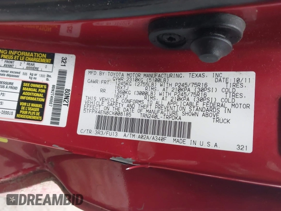 2012 Toyota Tacoma with VIN 5TFPX4EN8CX008185, listed as a IAAI auction lot 41554750 with 266,890 mi miles and . Bid and sale history available at DreamBid. Image 9.