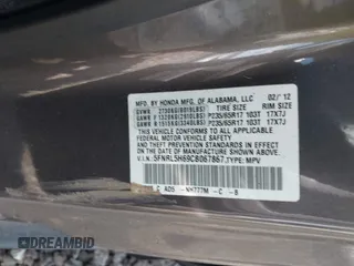 2012 Honda Odyssey EX-L with VIN 5FNRL5H69CB067867, listed as a IAAI auction lot 42225228 with Not provided miles and . Bid and sale history available at DreamBid. Image 9.
