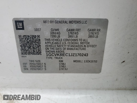 2018 Chevrolet Silverado 1500 LT with VIN 1GCVKREC1JZ170243, listed as a Copart auction lot 54705835 with 126,808 mi miles and Salvage Title. Bid and sale history available at DreamBid. Image 12.